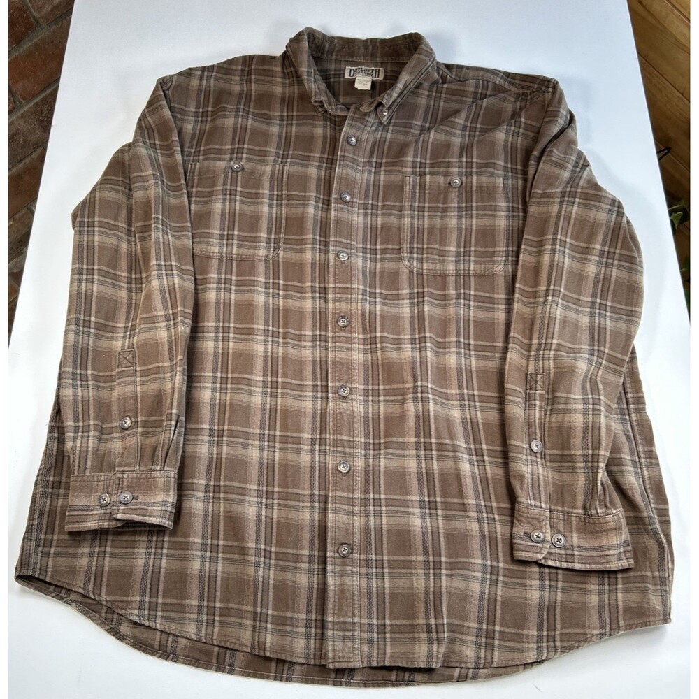Duluth Trading Co Plaid Cotton Flannel Button Up Shirt Mens 3XL Tall Brown Gray